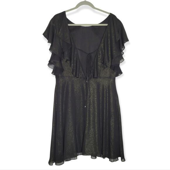 H Halston Metallic Shimmer Ruffle Flutter Sleeve Dress Black Gold Size 10 - Picture 8 of 8